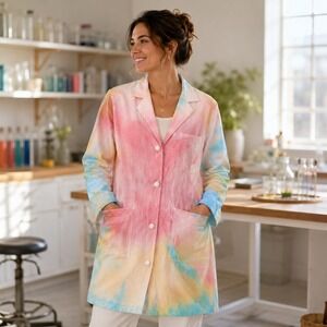 Meta Tie Dye Lab Coat Womens 14 Pink Blue Rainbow Cotton Professional Jacket